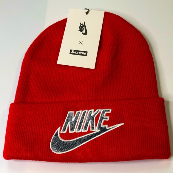 Supreme Other - Supreme x Nike Snakeskin Swoosh Red Beanie Cap Hat